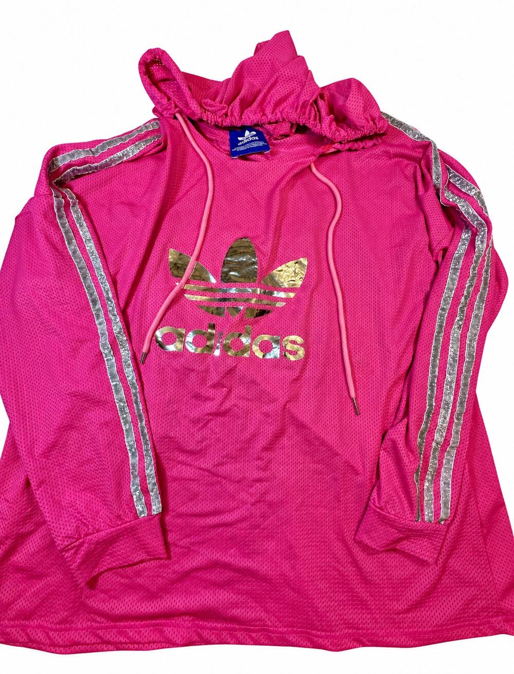Adidas Originals Y2K Pink Mesh Hoodie Metallic Silver 3 Stripes Gold Trefoil